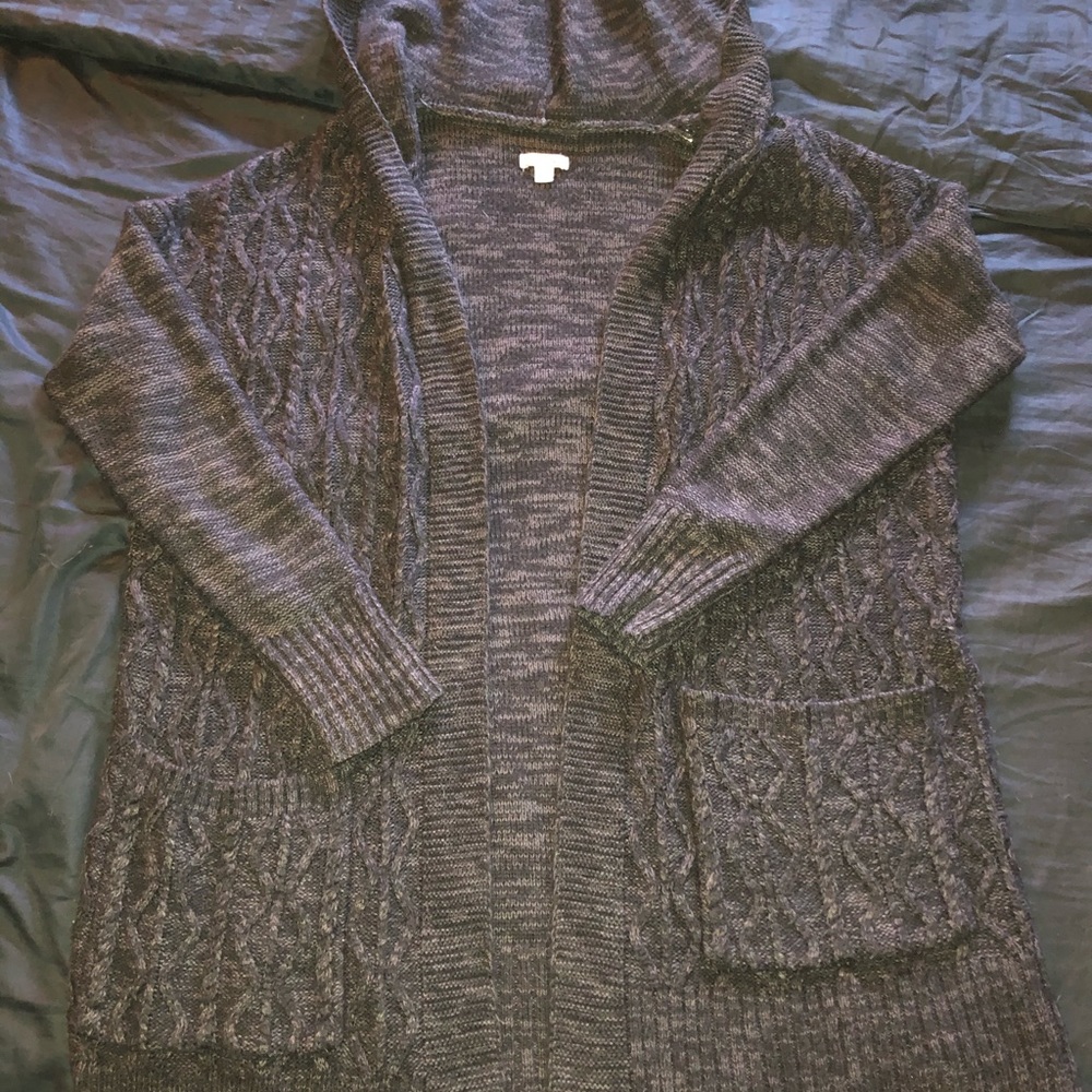 Merona knee length sweater with pockets and hood